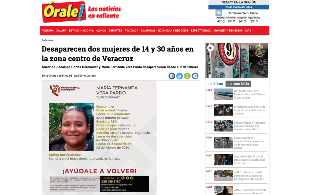 Imagen del Golfo: Desaparecen dos mujeres de 14 y 30 años en la zona centro de Veracruz