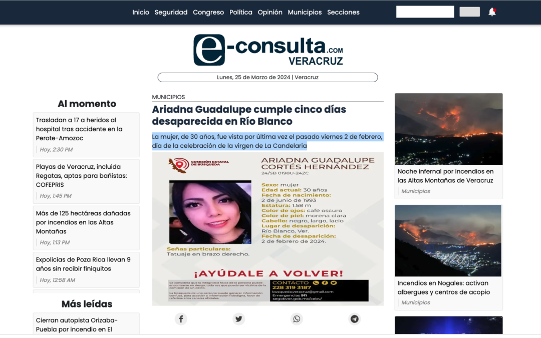 e-Consulta: Ariadna Guadalupe cumple cinco días desaparecida en Río Blanco